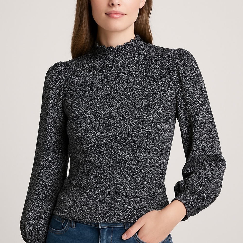 Express Smocked‎ High-Neck Long Sleeve Blouse – Black & White Print – Size XS
